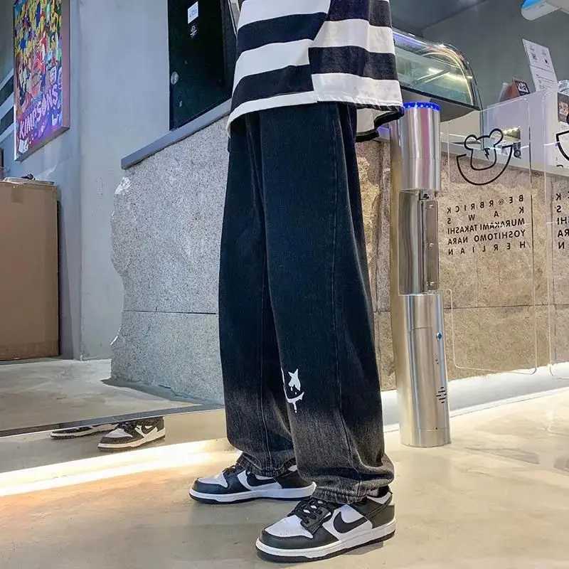 Harajuku Smile Print Baggy Pants Men Streetwear Wide Leg Oversize Jeans Vintage Y2k Straight Long Trousers Male 2024 Fashion J2510301