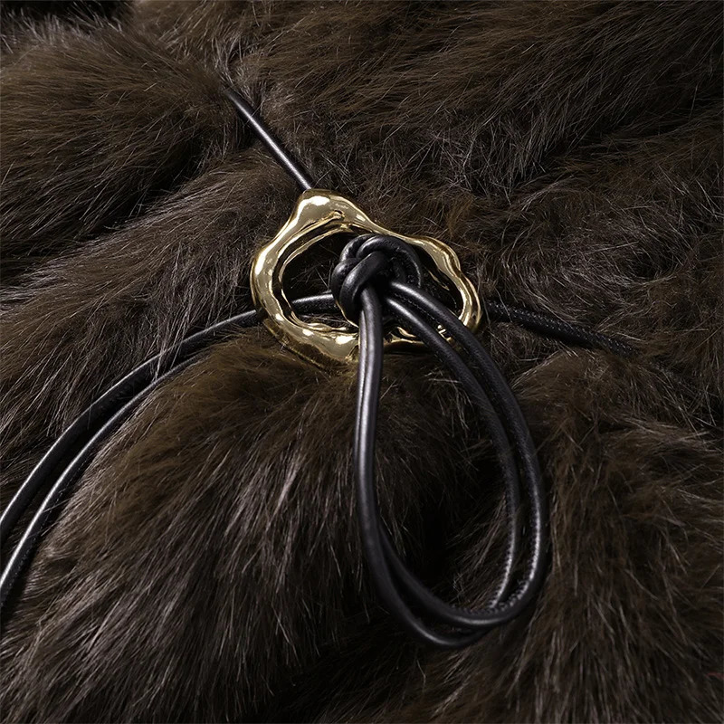 With Belt Fur Coat Fluffy Large Heart Shaped Waist Cinching Deep V Mid Length Overcoat Warm Plush Women Trend Outwear Winter Top 251029