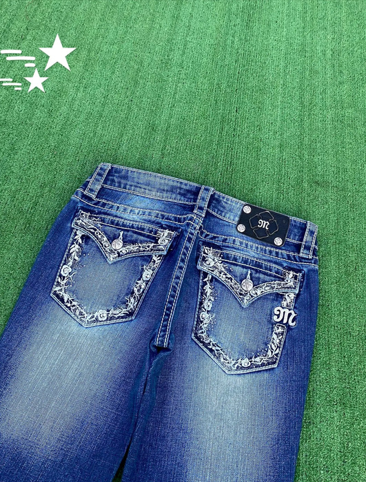 Y2k Gothic Women Miss Flared Jeans Blue Retro Washed Rhinestone Embroidery Baggy Jean High Waist Streetwear Hip Slim Denim Pants 251029