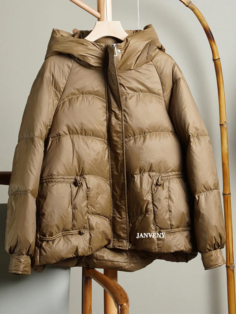 Winter Hooded Loose Petite Cropped Puffer Jacket Women Warm Lightweight Casual Vintage 90 White Duck Down Coat 251023