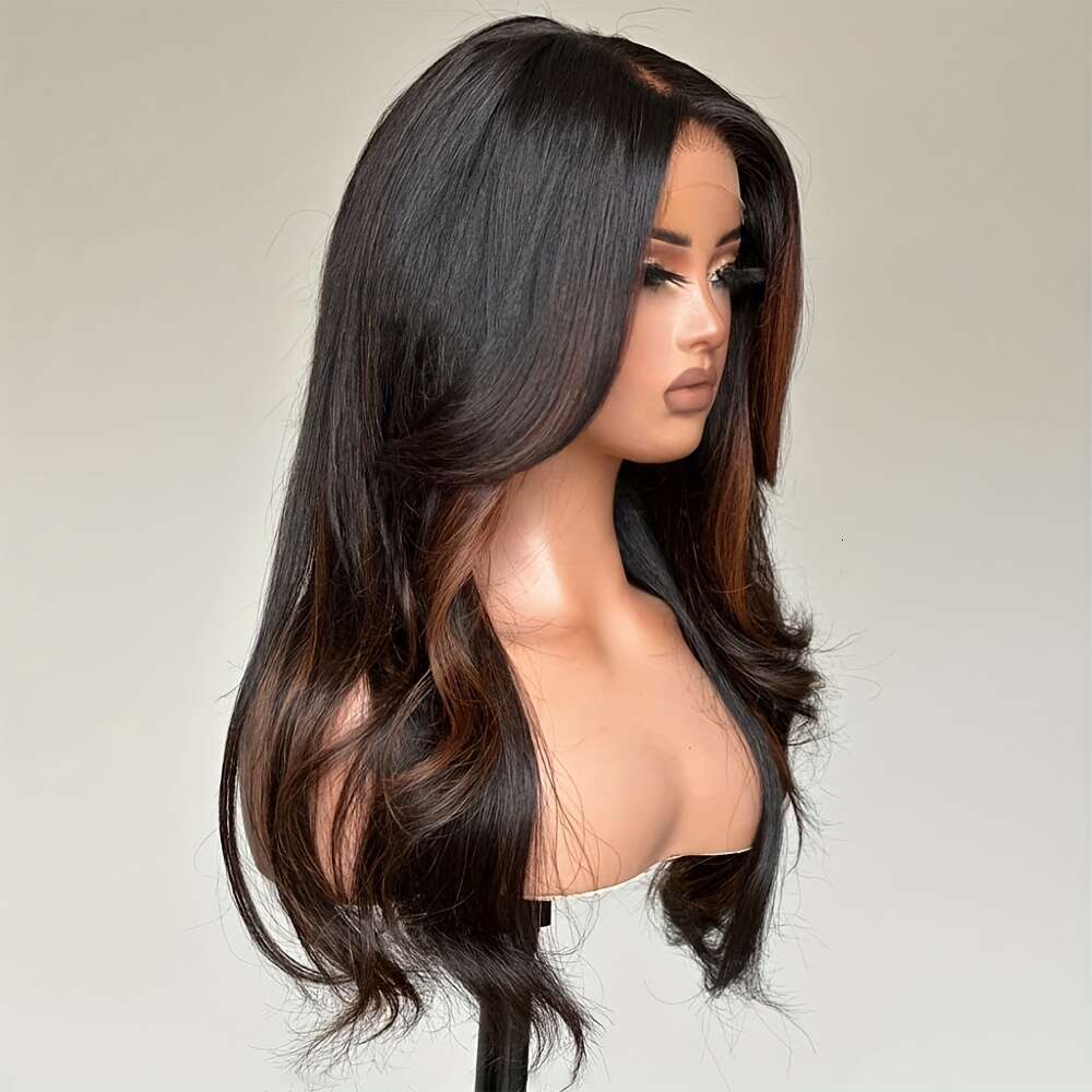 4X4 Ready To Go Brown Highlight Straight Layered Cut Style With Hairline 180% Density Glueless Body Wave Human For Long Wig Looking Natural Brazilian 