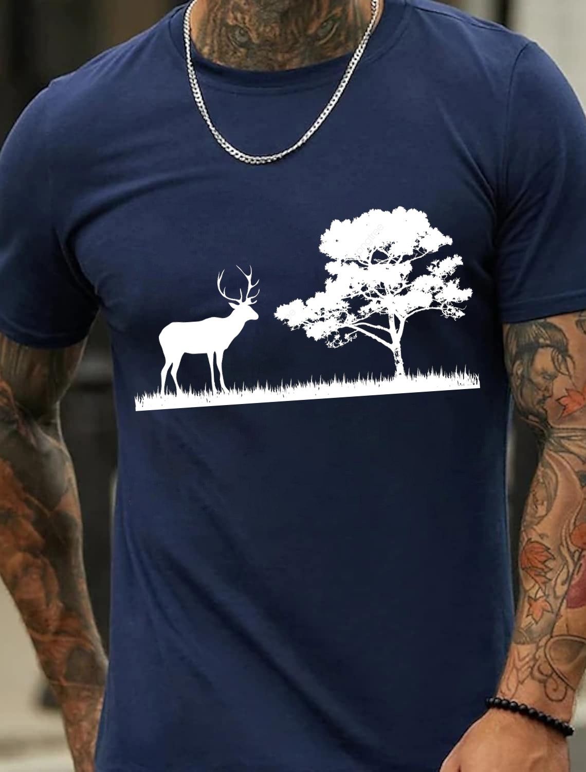 European and American Oversized Forest and Deer Print Men's Cotton Summer T-Shirt - TT7190