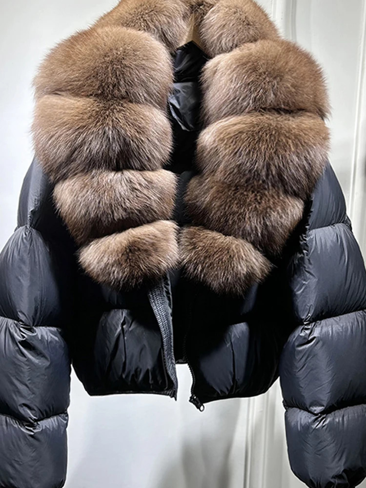 Janveny Puffer Jacket Women With Large Natural Fox Fur Collar Short Fluffy Thick Parkas Female 90 White Duck Down Coat 251023