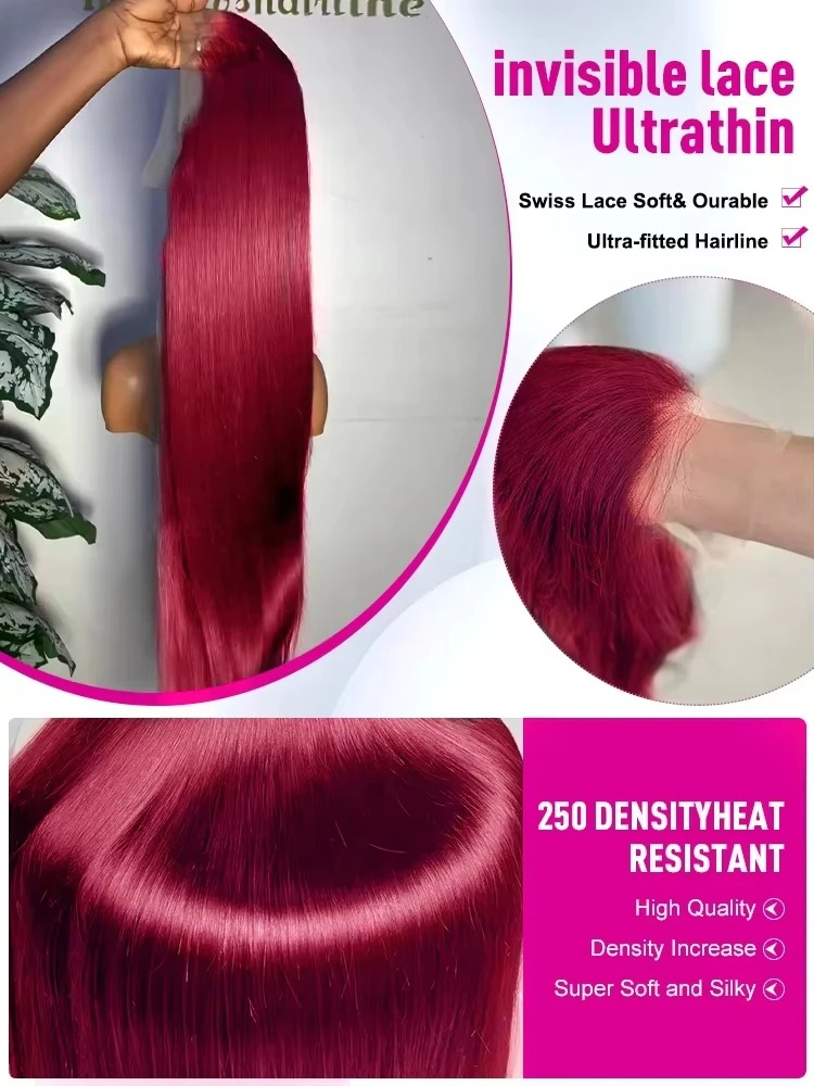 Bone Straight Human Hair Wig Burgundy Red /Black/Blonde /Pink /Brown Wig 13x4 13X6 HD Lace Frontal Wig Prepucked Brazilian Hair Glueless Ready To Wear