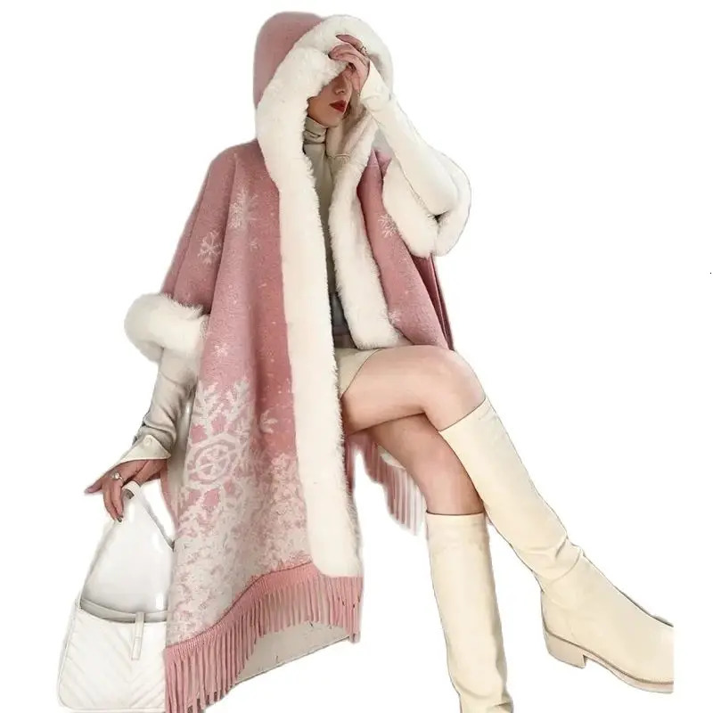 Autumn Winter MidLong Thicken Fleece Poncho Coat Women Fashion Loose Fringe Fur Collar Hooded Woolen Coat Cape Female 251029
