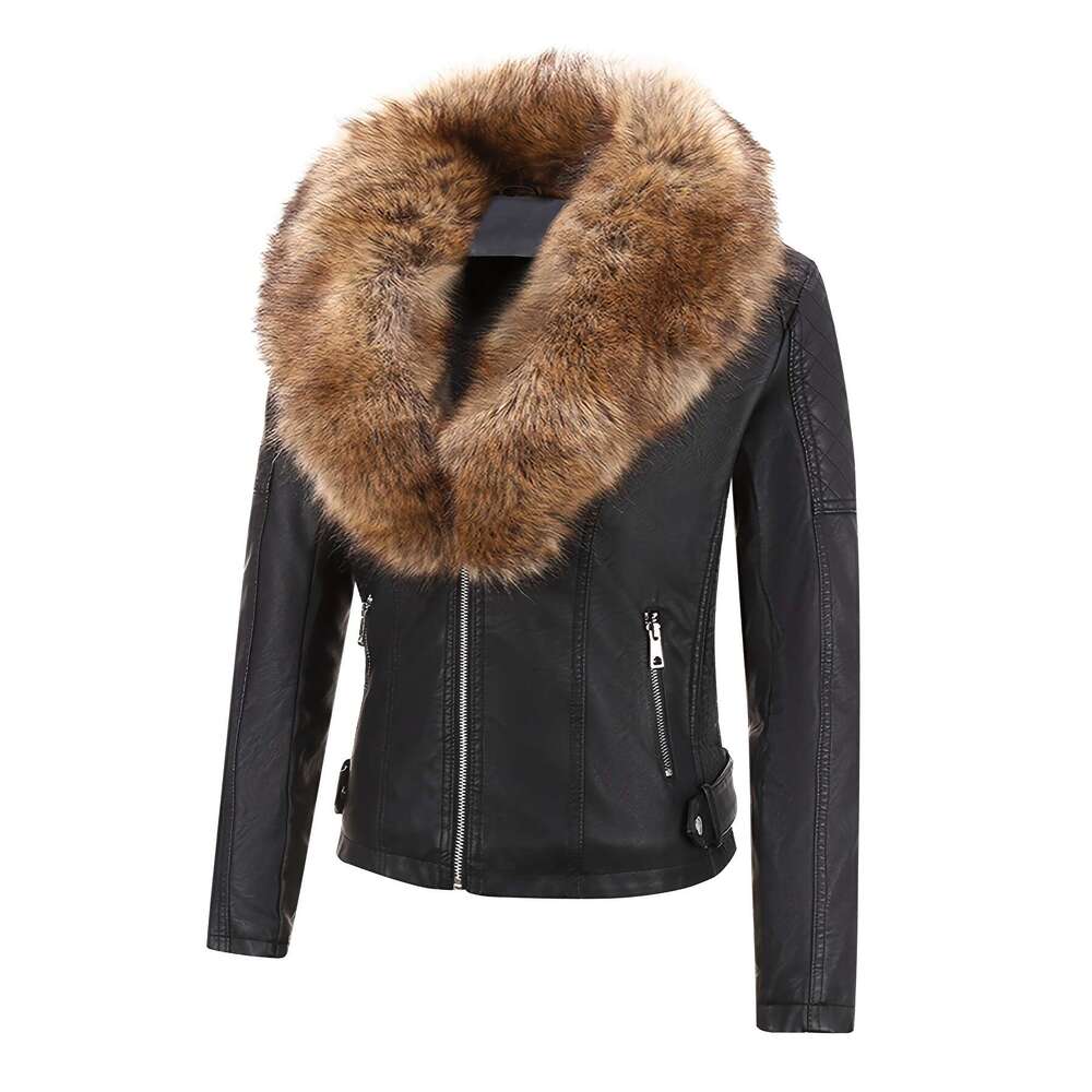 Faux Jacket Retro Faux Leather Jacket Women S Autumn And Winter Motorcycle Coat With Detachable Large Fur Collar