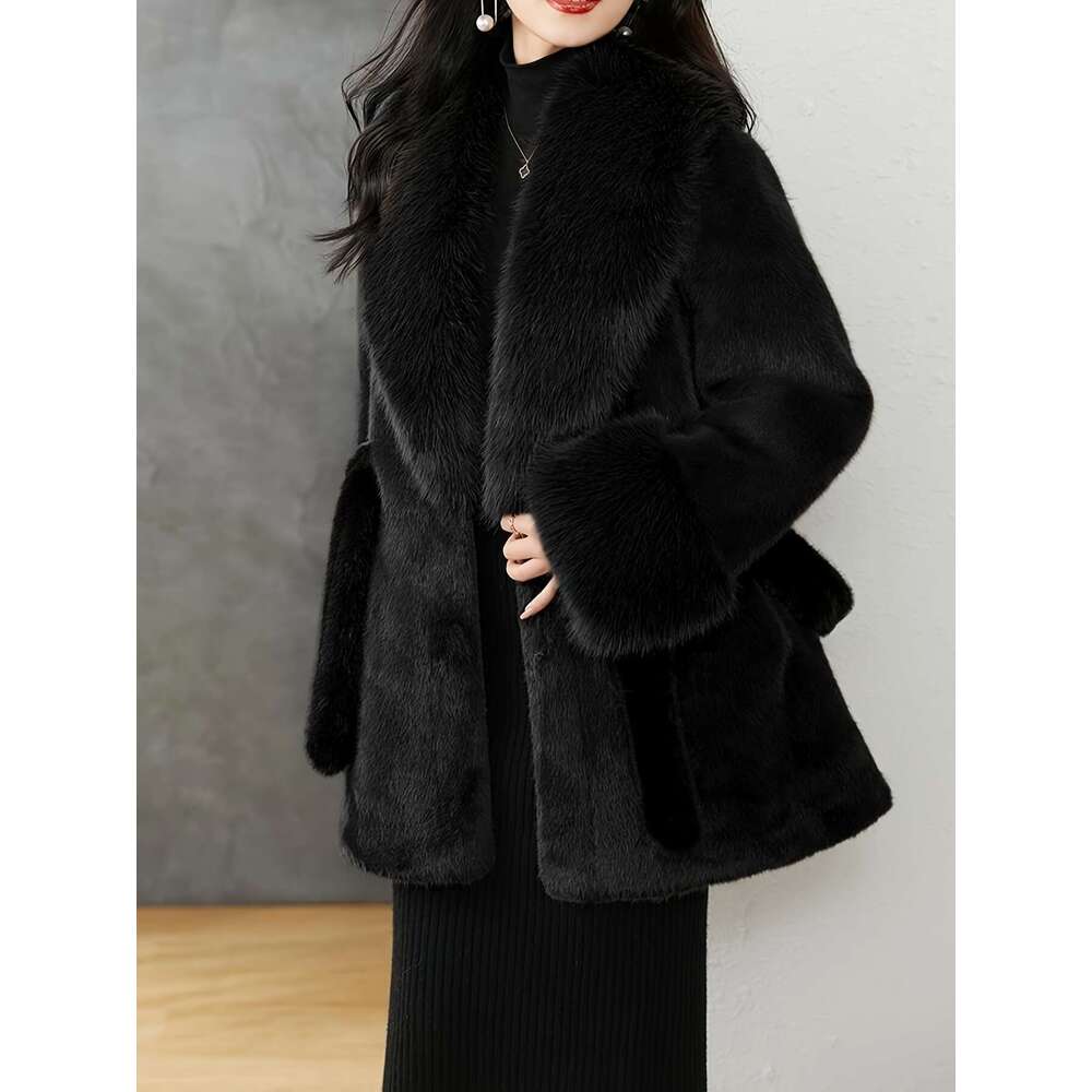 Women S Elegant Fur Lined Coat With Oversized Faux Fur Hood Imitation Grass Tie Belt Rich Brown Hand Wash Dry Clean Only Outerwear For Weather Winter