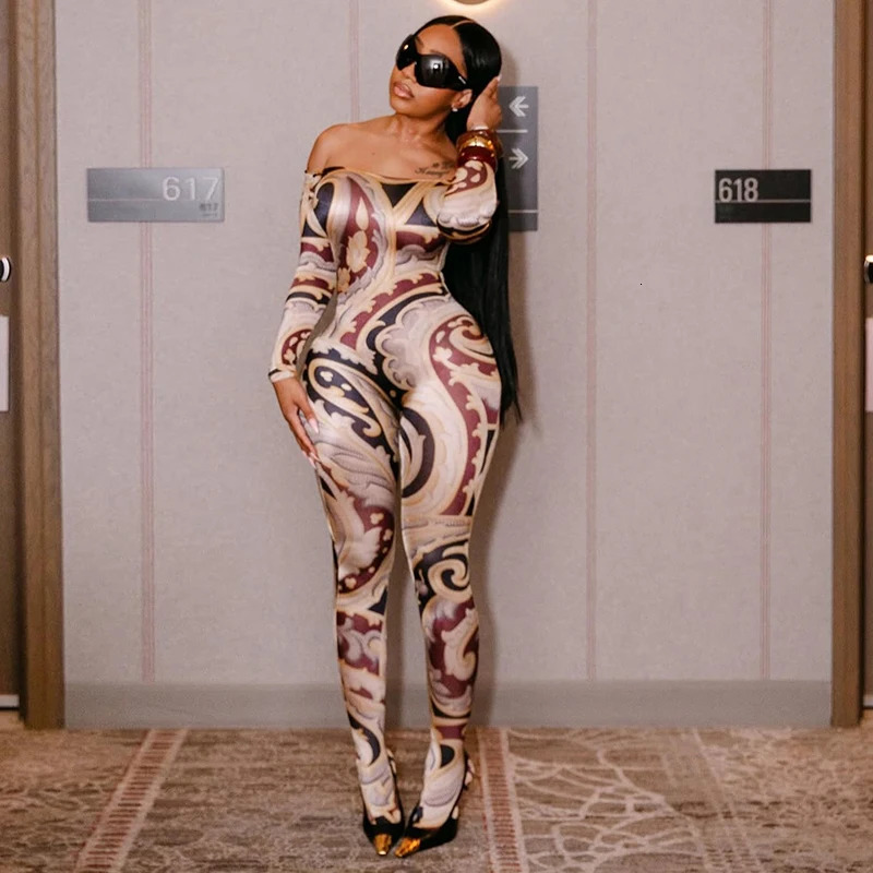 CUTENOVA Fall Colorful Printed WomenS Jumpsuit OneShoulder Strapless Long Sleeves Slim Fit Elastic Ankles Female 251028