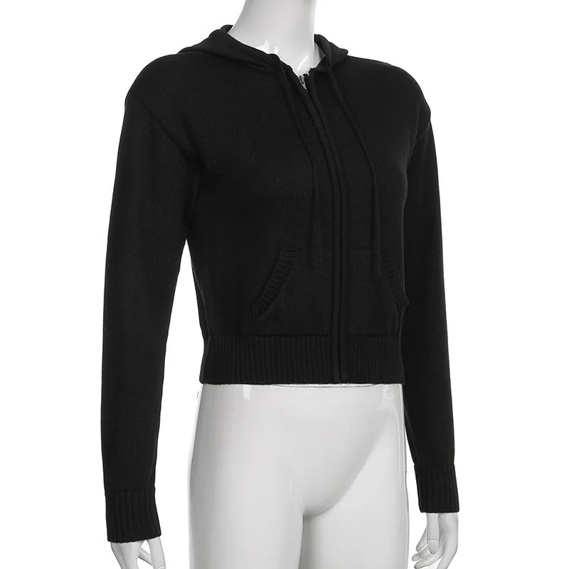 Womens Full Zip Knit Hoodies Casual Sweaters Solid Color Long Sleeve Drawstring Sweatshirts Cardigan Zipup Clothing Y2K 251030
