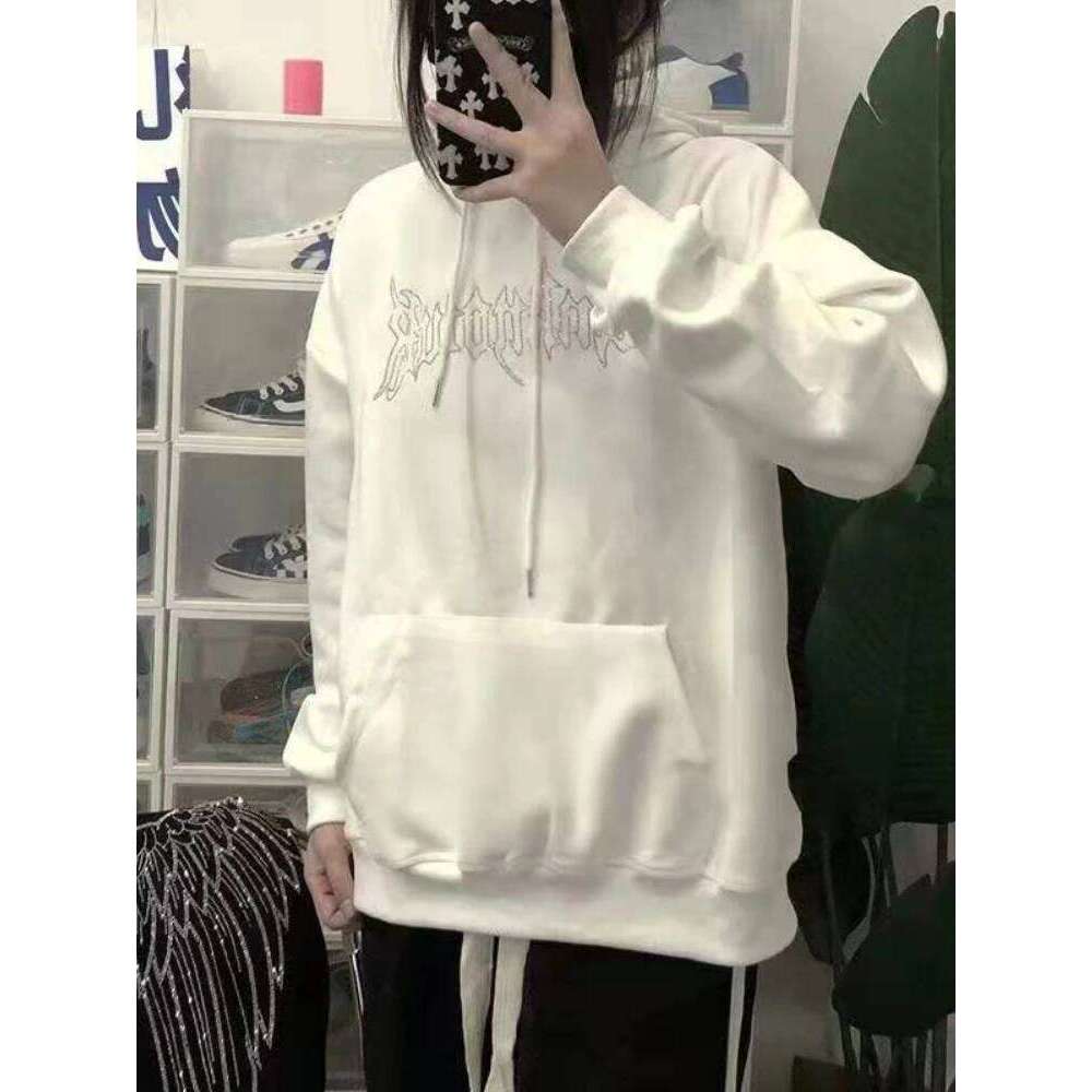 Warm Loose Baggy Sequin Rhinestone Hoodies Autumn And Winter Black Female Top Thick Cold Glitter Women's Hooded Sweatshirts Xxl