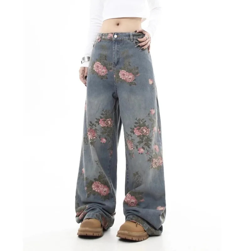 Womens Blue Flower Baggy Jeans Y2K Japanese Harajuku High Street Aesthetic High Waist Wide Leg Retro Jeans Pants Clothing 2025 251029