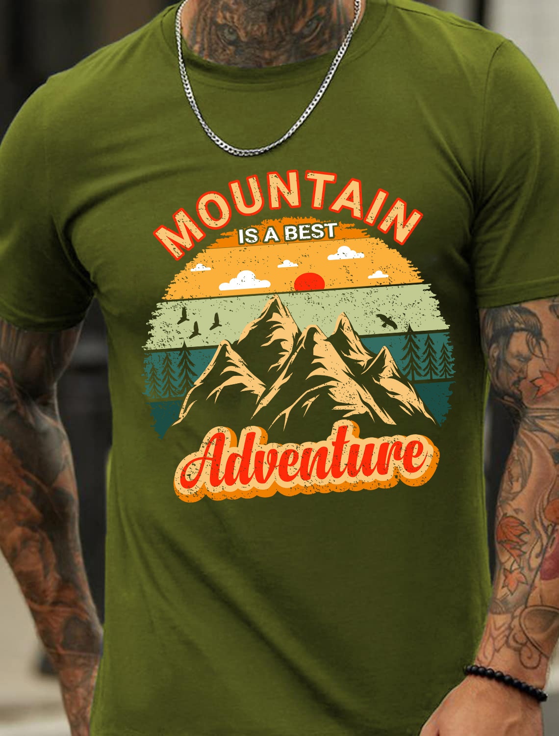 Europe & America Oumay Mountain and Sunset Print Pattern Men's Cotton Summer T-Shirt - TT7249