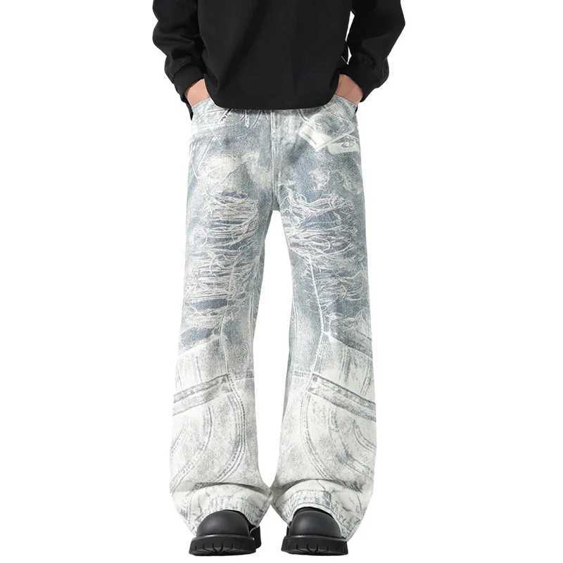 2025 Autumn New American Fashion 3D Digital White Loose Jeans Dirty Printed Jeans Mens Casual Straight Leg Floor Pants J251030