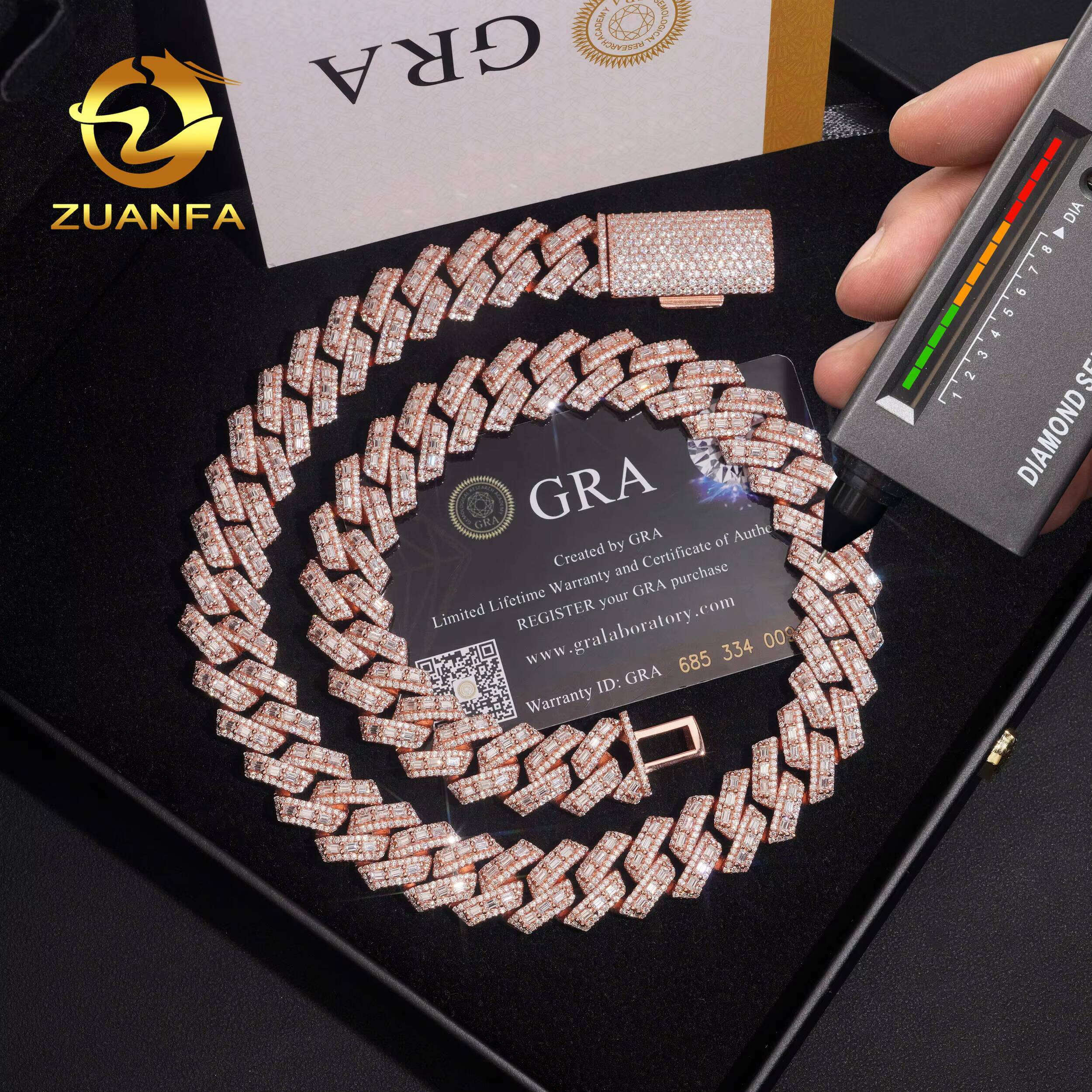 PROMOTION 16mm Baguette Moissanite Chain Cuban Links Pass Diamond Tester 925 Silver Cuban Link Chain Necklace Rose Gold Plated