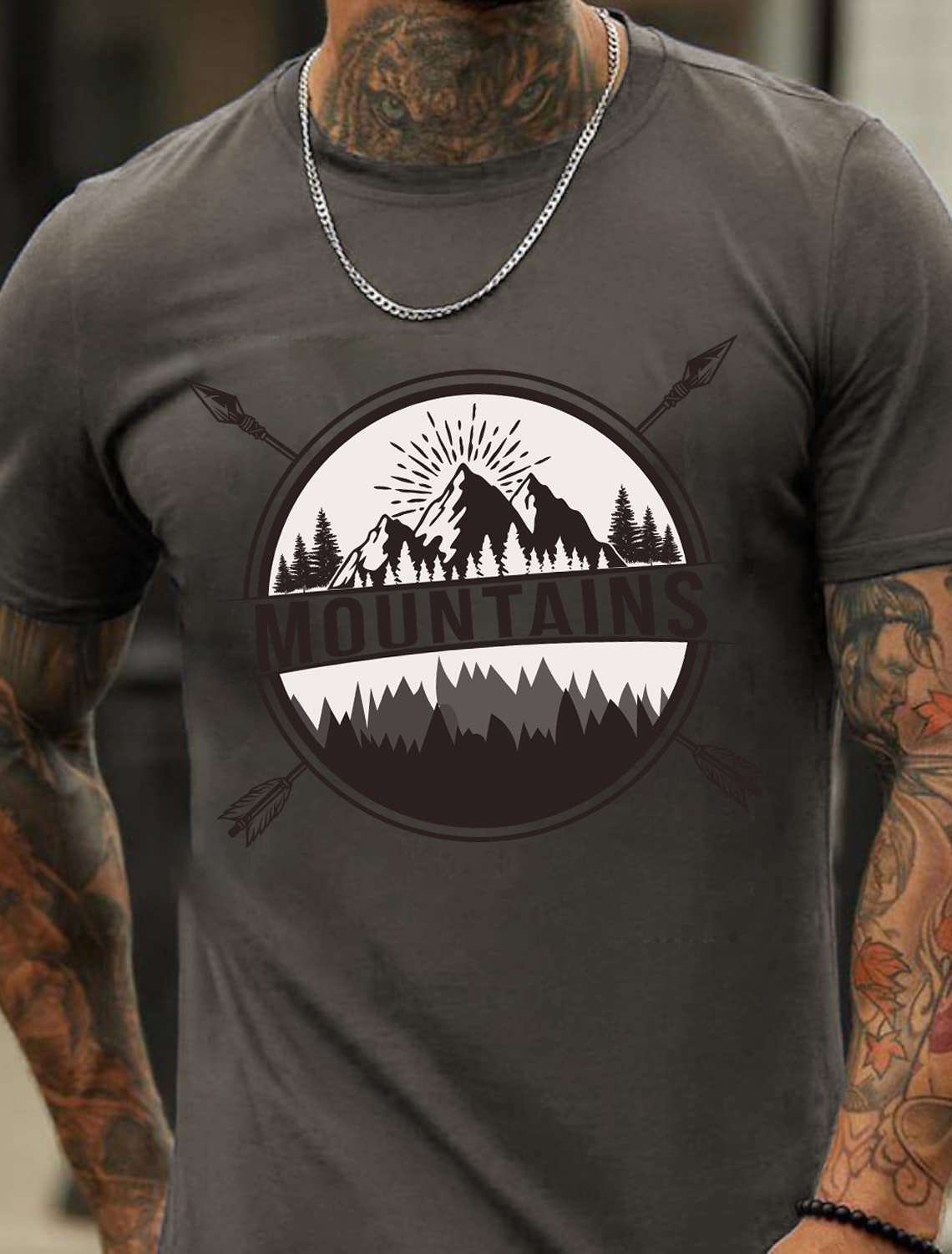 European and American Oversized MOUNTAINS Letter Print Sports T-Shirt for Men - Cotton Short Sleeve - TT7069