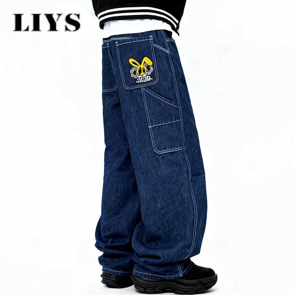 Mens American Retro Animal Rabbit Embroidered Loose Wide Leg Jeans Unisex Clothes Blue Y2K Baggy Design Multi Pocket Denim Pant J251030