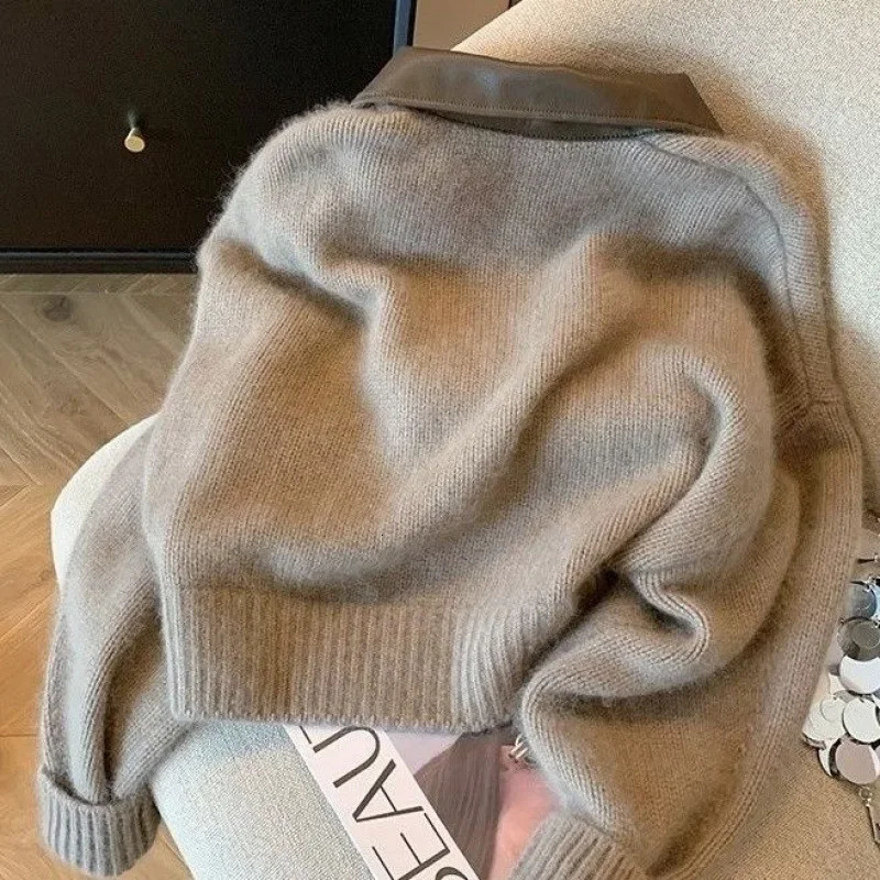 Short Spliced Knitted Zipper Cardigan Womens Fashionable Autumn Winter Sweater Jacket Chinese Quality Style n 251029