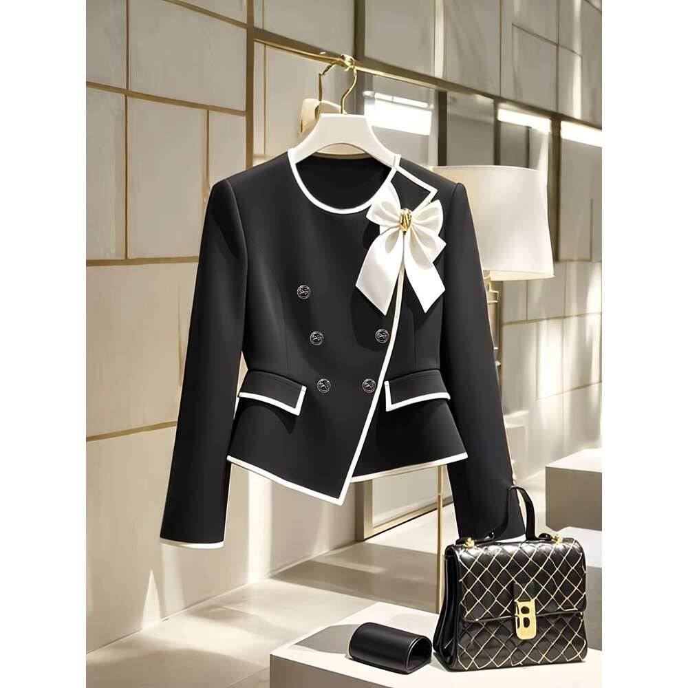 Elegant Jacket Formal To Casual Long Coat With Accent Structured Non Stretch Blazer Hine Washable All Season Outerwear For Office Party Everyday Black