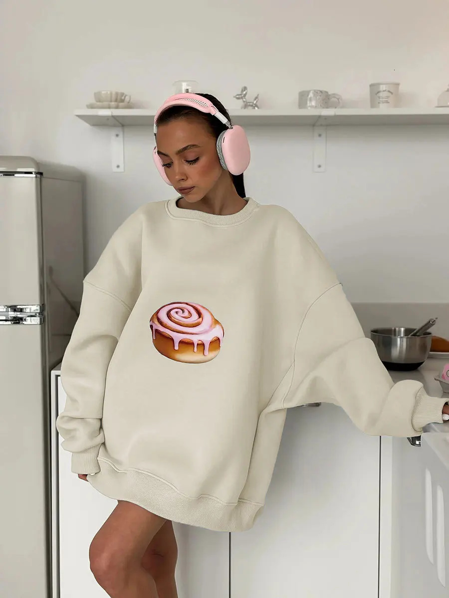 Sumuyoo Cake Printed Pullover Womens Autumn Winter Plush Loose Slimming Long Sleeves Sweatshirts Oneck Pullover Hoodie 251030