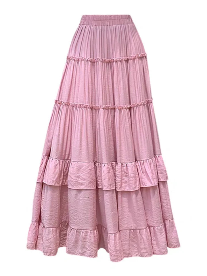 White Tiered Ruffle Hem Skirt 2025 High Waist Flowy ALine Maxi Skirt Summer Chiffon Layered Skirt with Pleats 251028