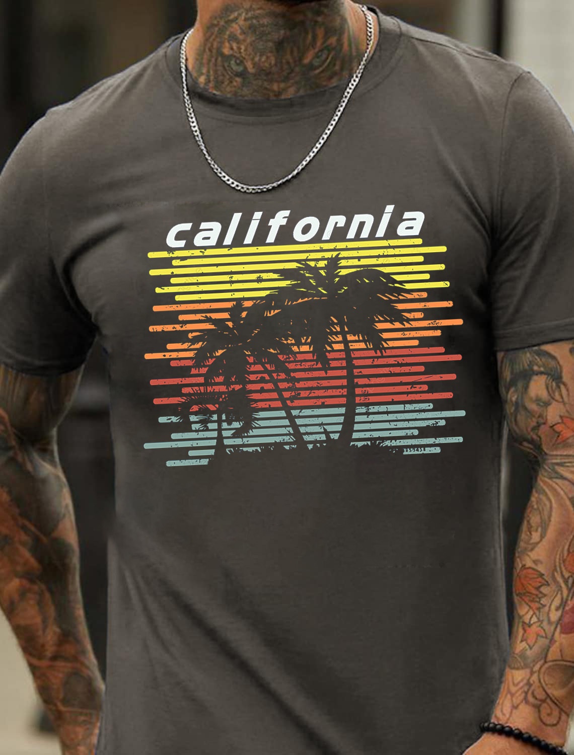 European and American Oversized California Fashion Design Men's Cotton Summer T-Shirt with Palm Tree Print - TT7084