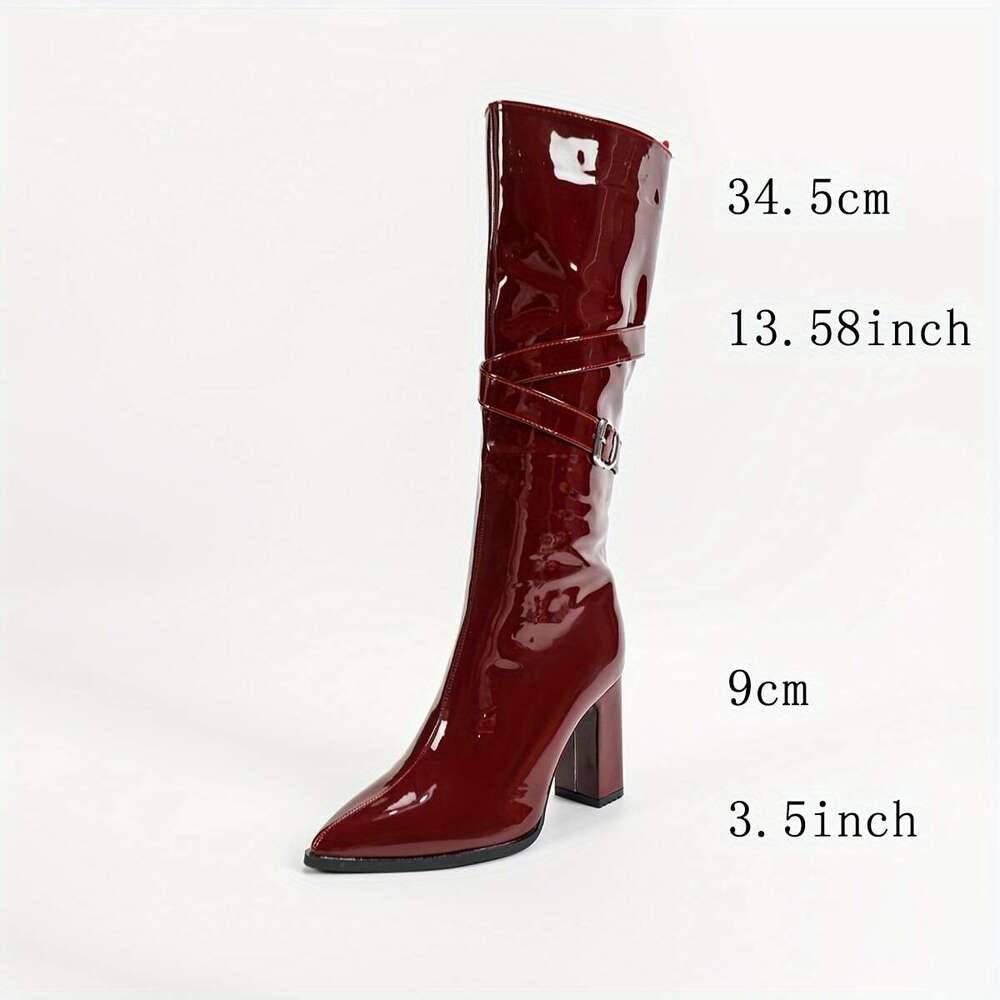 Elegant Wine Winter Women - Sharp Pointed Toe, Side Zipper, Thick Chunky Heel, Knee-High Knight Boots With Buckle Straps, Glossy Faux Cover Upper & Ve