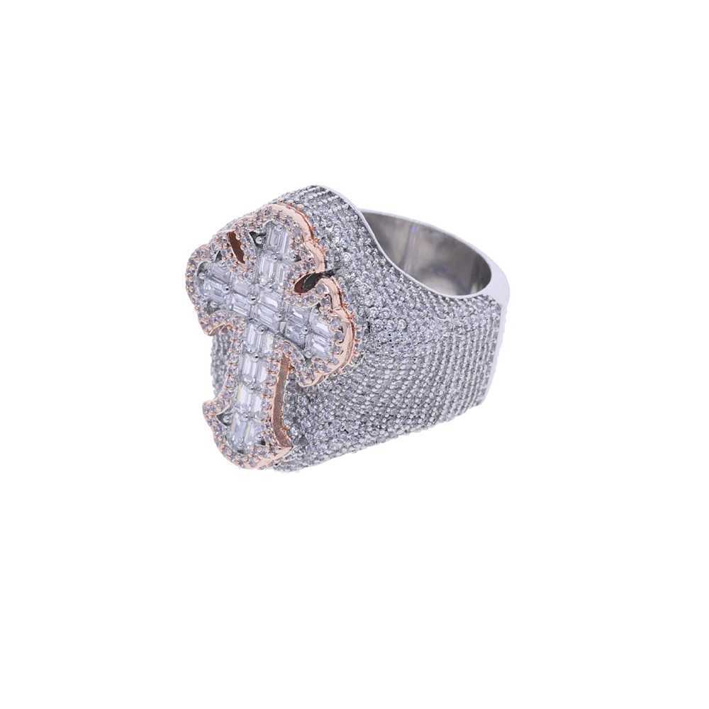 Two Tone Color Cross Finger Ring Iced Out Bling 5A Cubic Zircon Prong Setting Fashion Luxulry Men Hip Hop Finger JewelryW251030
