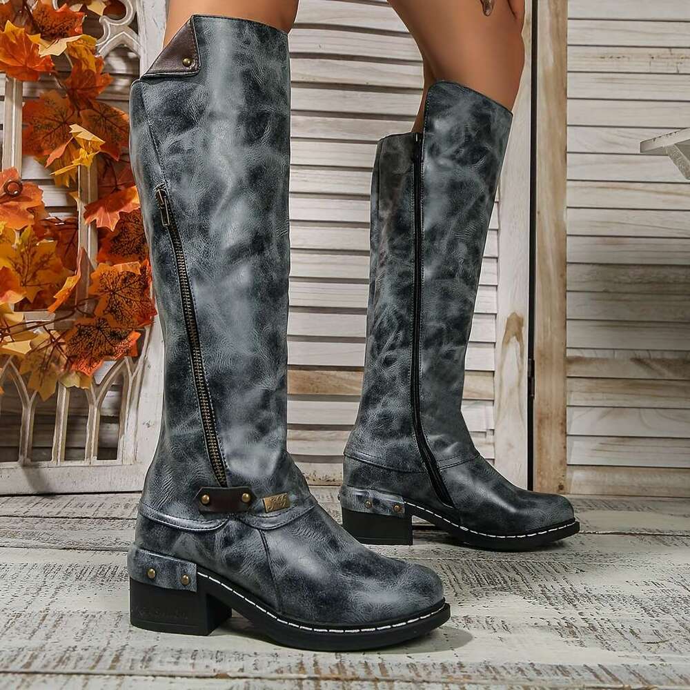 Vintage Style Women's Knee Boots With Side Zipper, Chunky High Heel, Round Toe, Solid Color, Faux Leather, TPR Sole, Casual Fall Collection