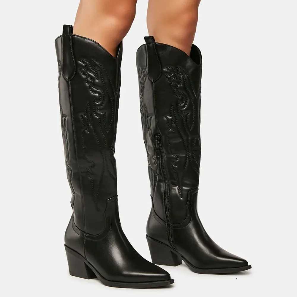 Winter Large Size 43 In Stock for Dropship Vintage Knee High Cowgirls Black Western Boots Shoes Zip up White Cowboy Boots Women Z251029