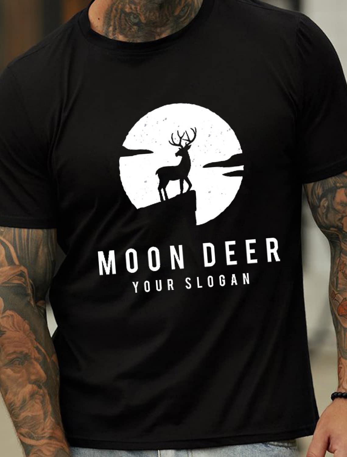European and American Oversized Men's Cotton Summer T-Shirt with Deer Pattern Print Under the Moonlight - TT7191