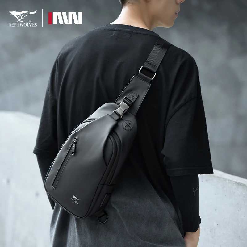 Septwolves Fashion Thin Men Leather Travel Sling Bag Leisure Sport One Shoulder Backpack Business PVC Crossbody Shoulder Bag H251029