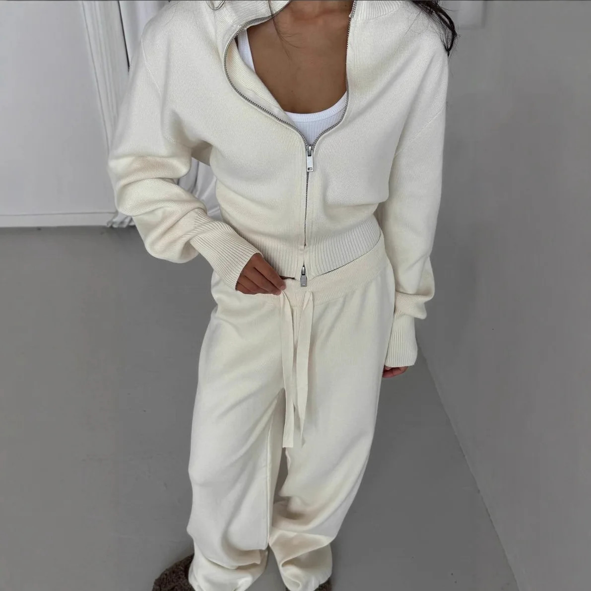 Simple Cotton Knitted Cardigan Wide Leg Pants Suit Autumn and Winter Women Fashion Loose Daily Office Jacket Straight Pants 2Pc 251029