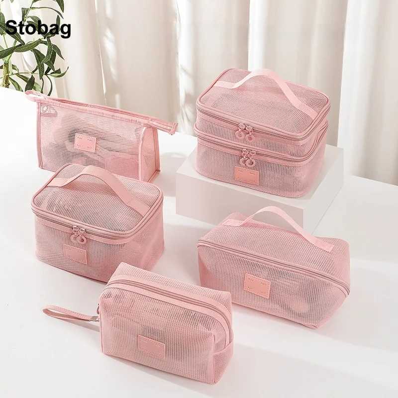 StoBag 5pcs Color Transparent Makeup Mesh Bag Tote Small Large Cosmetic Package Storage Travel Handbag Portable Pouch Organizer J251115