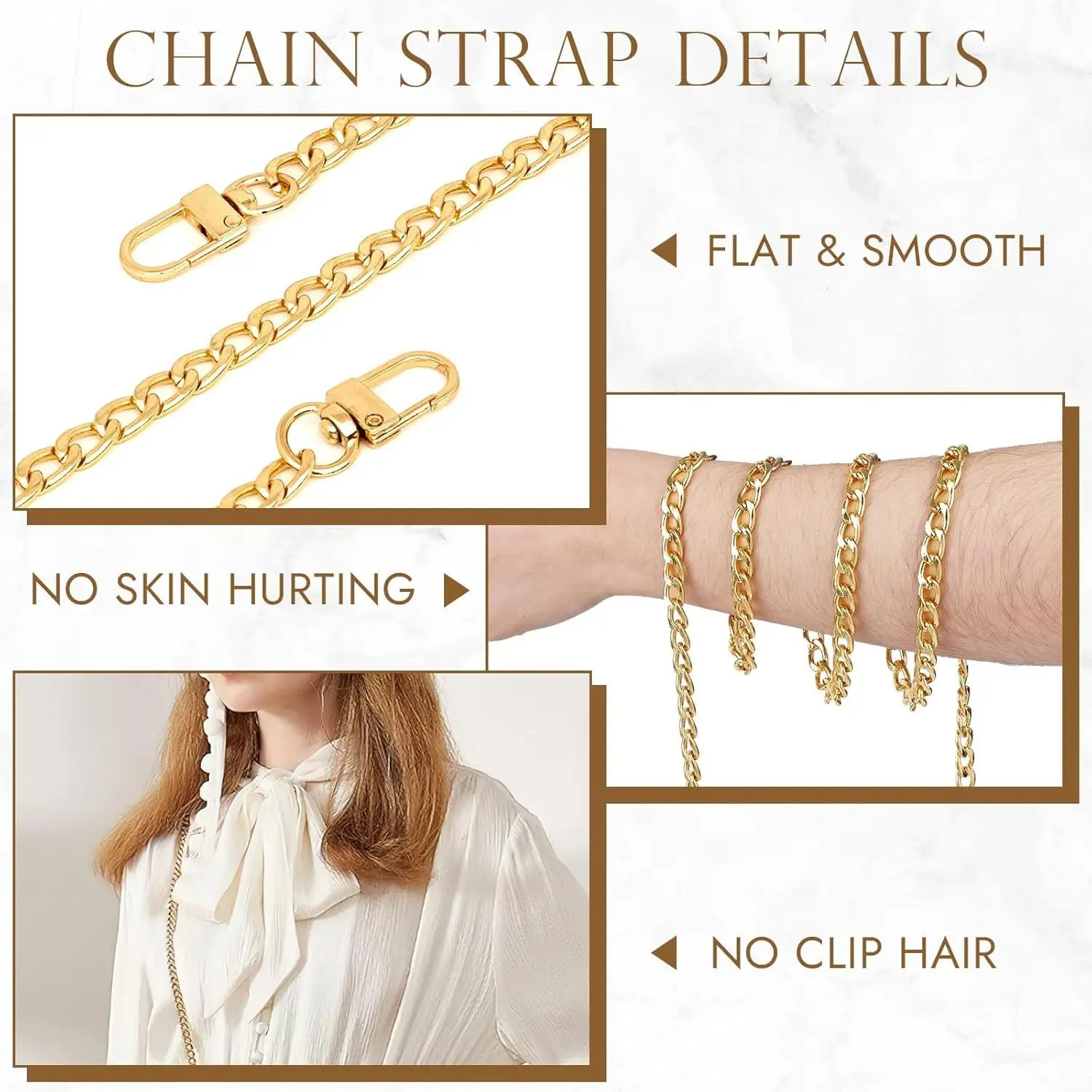 Purse Chain Flat Bag Chain with Metal Buckles Chain Purse Strap for DIY Purse Wallet Handbag Shoulder Bag Crossbody Bag 251030