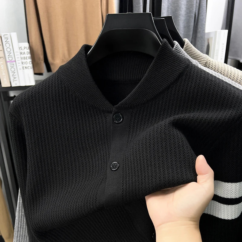 Light men knitted round neck cardigan highend trend double stripes comfort texture button sweater coat jacket 251017