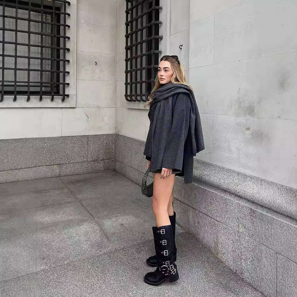 Shein Men's Jackets Women Fashion Scarf Decorated Woolen Jacket Casual Solid Long Sleeve Loose Warm Overcoat 2025 Autumn Winter New Lady Chic Coa