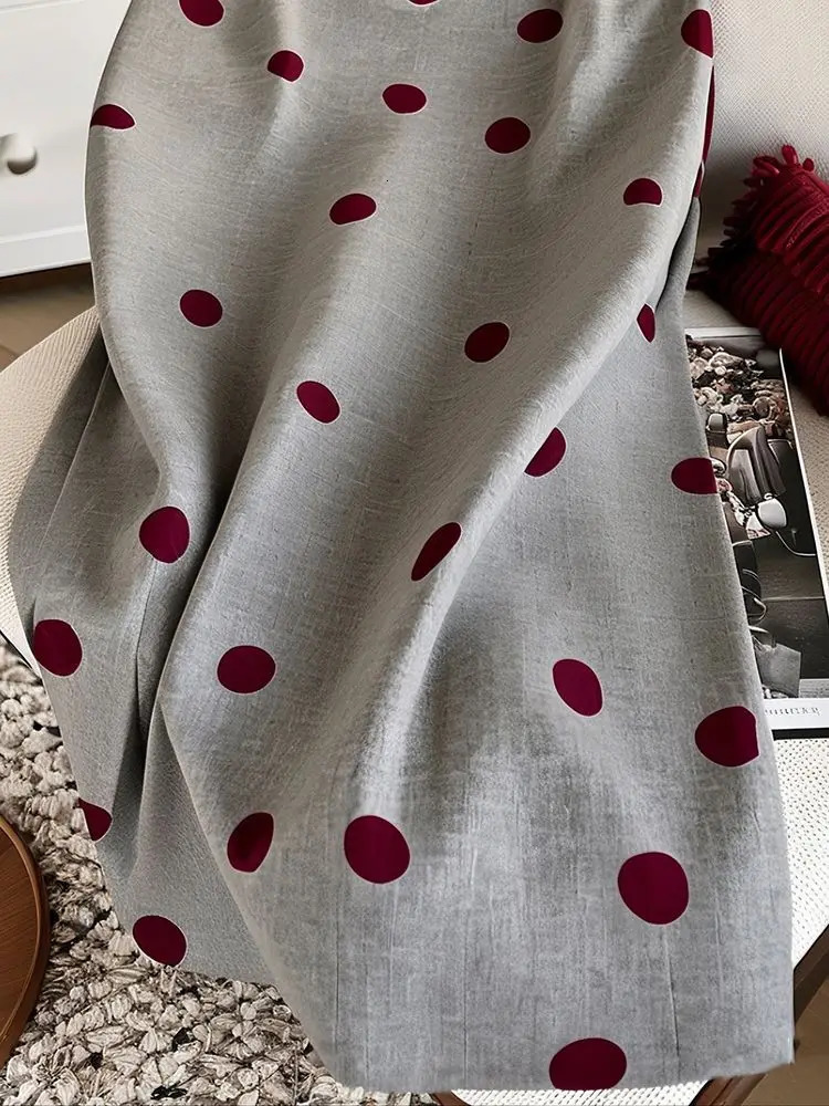 Xgoth Grey Polka Dot Straight Tube Aline Long Skirts for Women Spring Stylish French Vintage High Waist Slimming Midi Skirt 251028