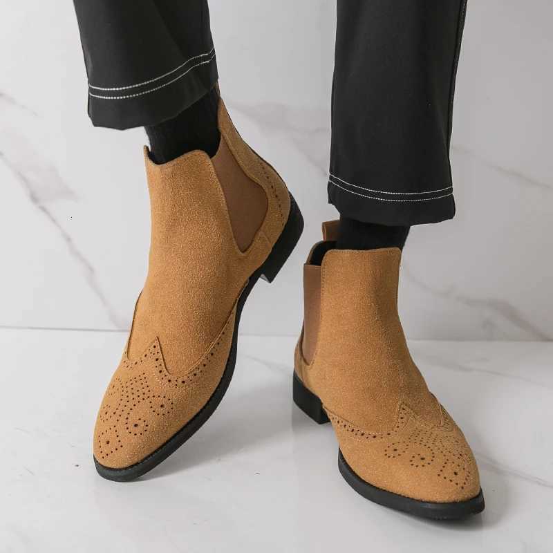 Hot Yellow HighTop Leather Shoes Men Comfort Suede Chelsea Boots Man PointedToe Mens Ankle Boots Big Size 3946 botas hombre Z251029