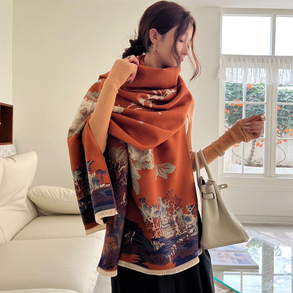 Korean Style Artistic Landscape Pattern Scarf Autumn And Winter Double Sided Thick Warm Large Shawl Scarf Retro Aesthetic Versatile Scarf
