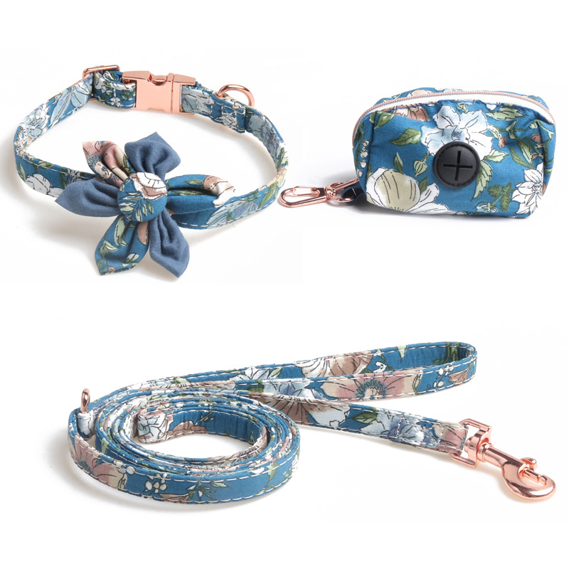 Floral Pattern Dog Collar Leash Set with Poop Bag Holder, Stylish Pet Collar Lead Set, Durable & Comfortable, for Dogs, Fashionable Pet Walking Access