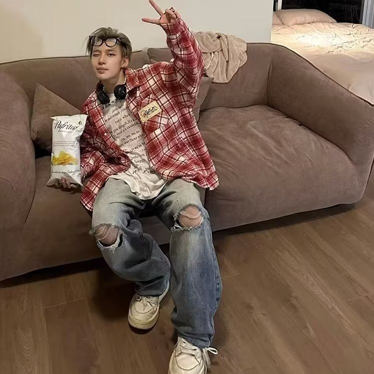 2025 New American High Street Color Block Design Plaid Long Sleeve Shirt Autumn Designer Coat Unisex Loose Trendy Jacket