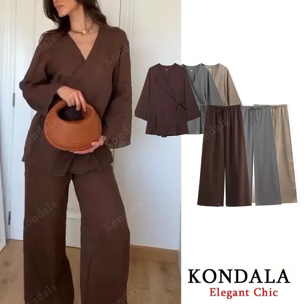 KONDALA Fall Casual Chic Loose Set Women Set Fashion Spring Autumn Long Sleeve Kimono Crossover JacketPants NightWear Suit 251029
