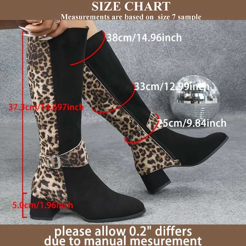 Women's Chunky Mid-Heel Leopard Print Patchwork Knight - Pointed Toe Winter Zipper Boots With TPU Sole, Black Tan Fabric Upper For Casual & Forma
