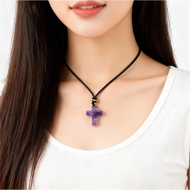 Natural Gemstone Cross Pendant Necklace, 22x30mm Crucifix with Adjustable Black Rope Chain, Religious Gift for Women Men, Unisex Healing Crystal Jewel