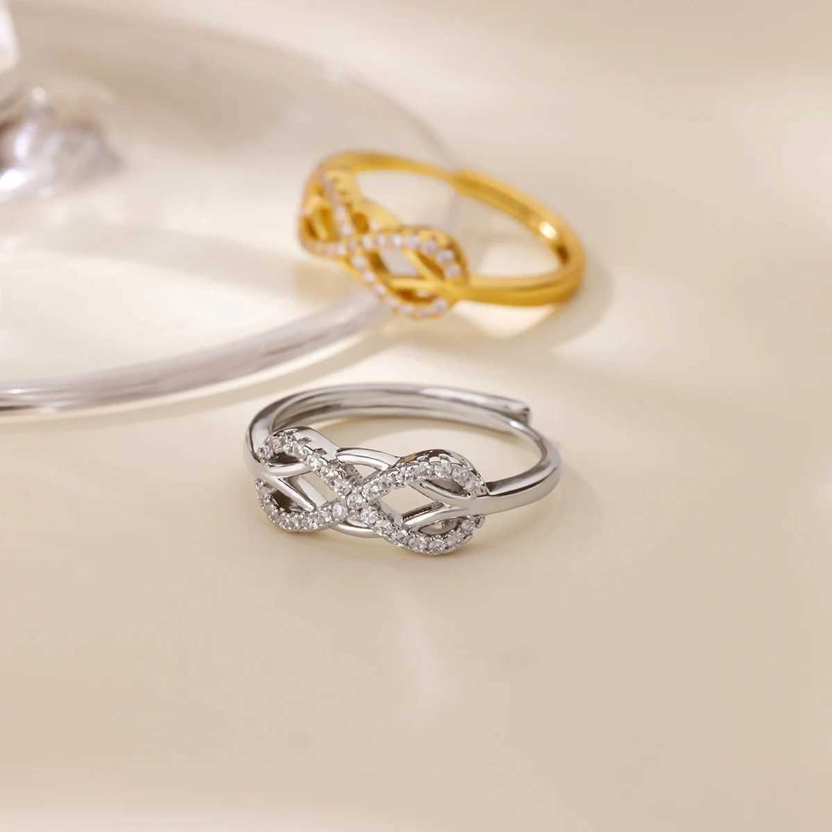 Zircon Infinite Symbols Rings For Women Stainless Steel Geometric Infinite Adjustable Ring Waterproof Party Anniversary JewelryW251030