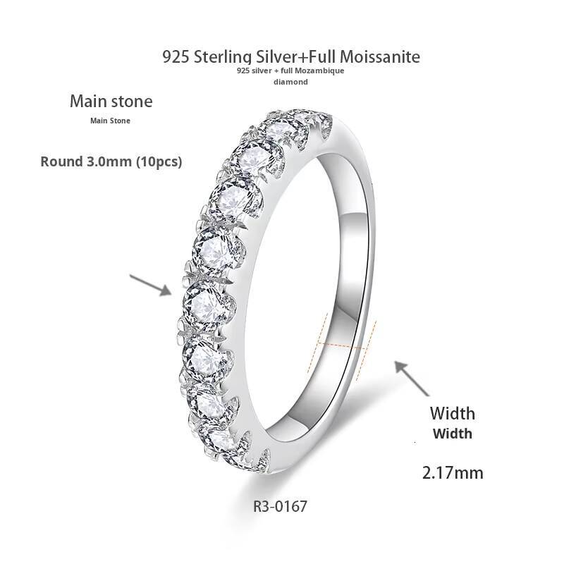 Factory Fashion Classic Joker S925 Silver 18K White Gold Plated 10pcs 3mm Row VVS1 Moissanite Ring for Ladies Wedding