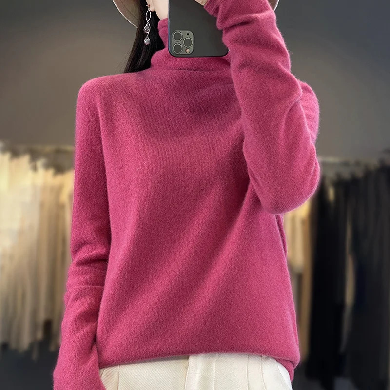 Fashion 100 Merino Wool Sweater Elegant Cashmere Pullover Women Pile Collar Long Sleeve Knitwear Basic Clothing Jumper Tops 251028