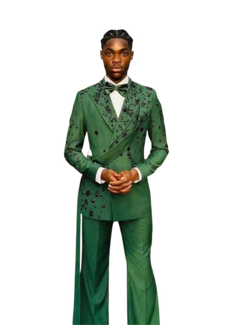 Luxuly Groom Wedding Tuxedos 2 Pieces Slim Fit Jacket Pants Peak Lapel Jewelry Ornament Formal Prom Men Suits Customized