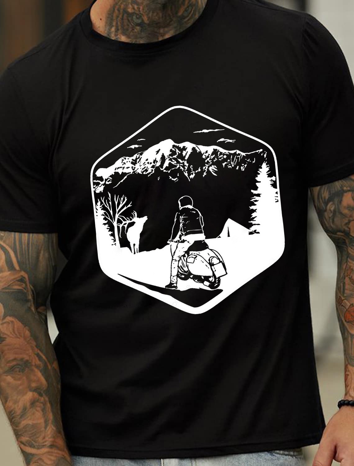 European and American Oversized Mountain and Motorcycle Print Men's Cotton Summer T-Shirt - TT7252