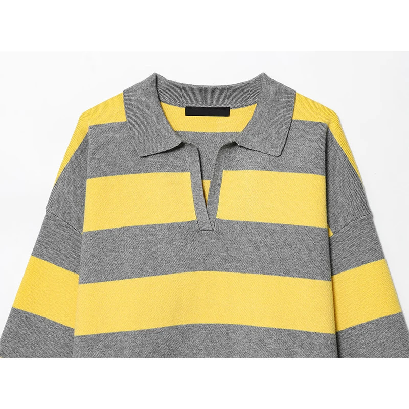 YENKYE 2025 Women Striped Knit Polo Neck Sweater Long Sleeve Casual Loose Autumn Pullover Tops 251016